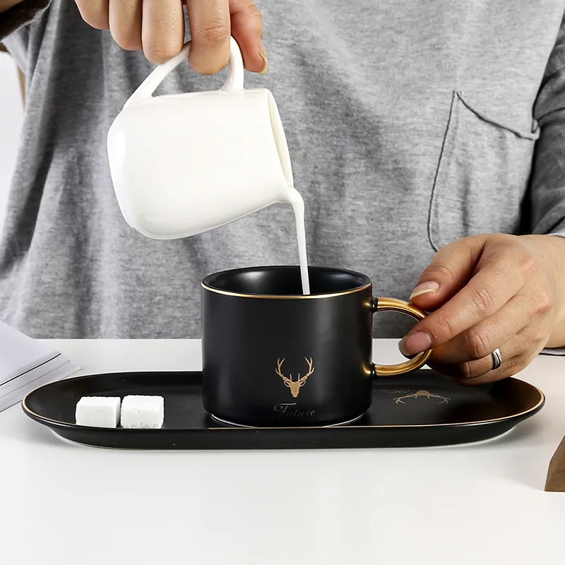 

250ml European Exquisite Gold Frame Ceramic Coffee Cup Saucer Spoon Christmas Gift Set Home Milk Tea Breakfast Cup Dessert Plate