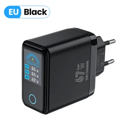 67W GaN USB - C Fast Charging Wall Charger with LCD Display - Portable Travel Charger - Black EU