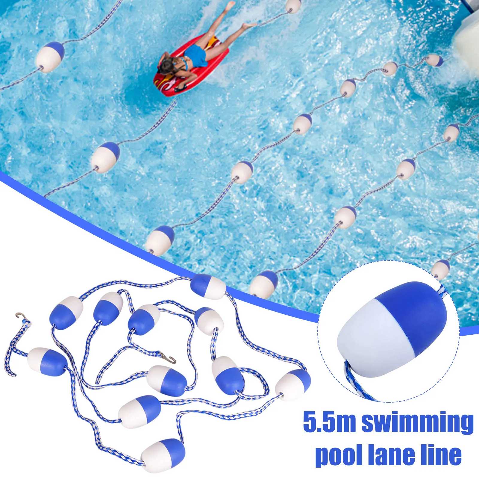 5.5m Swimming Pool Safety Separation Line with 11 Floats & 2 Hooks Swimming Pool Lane Line Rope Accessories