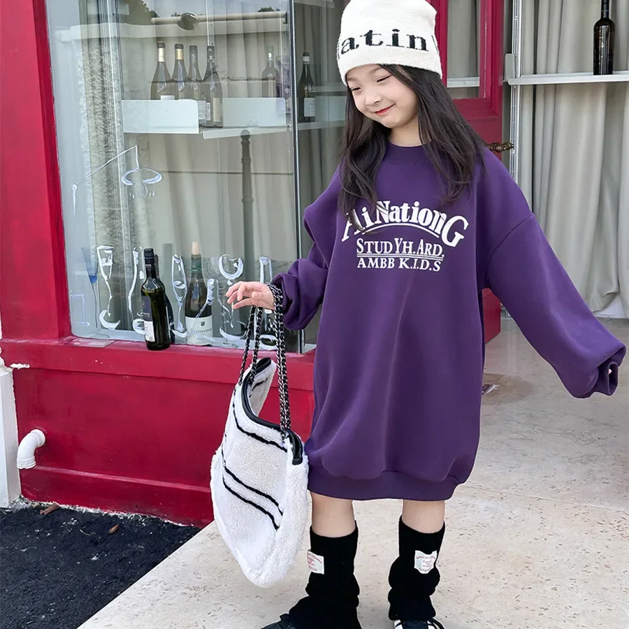 

Girls Letters printed warm Hoodies Dress Winter Kids Fleece Lining thicken ling style dresses