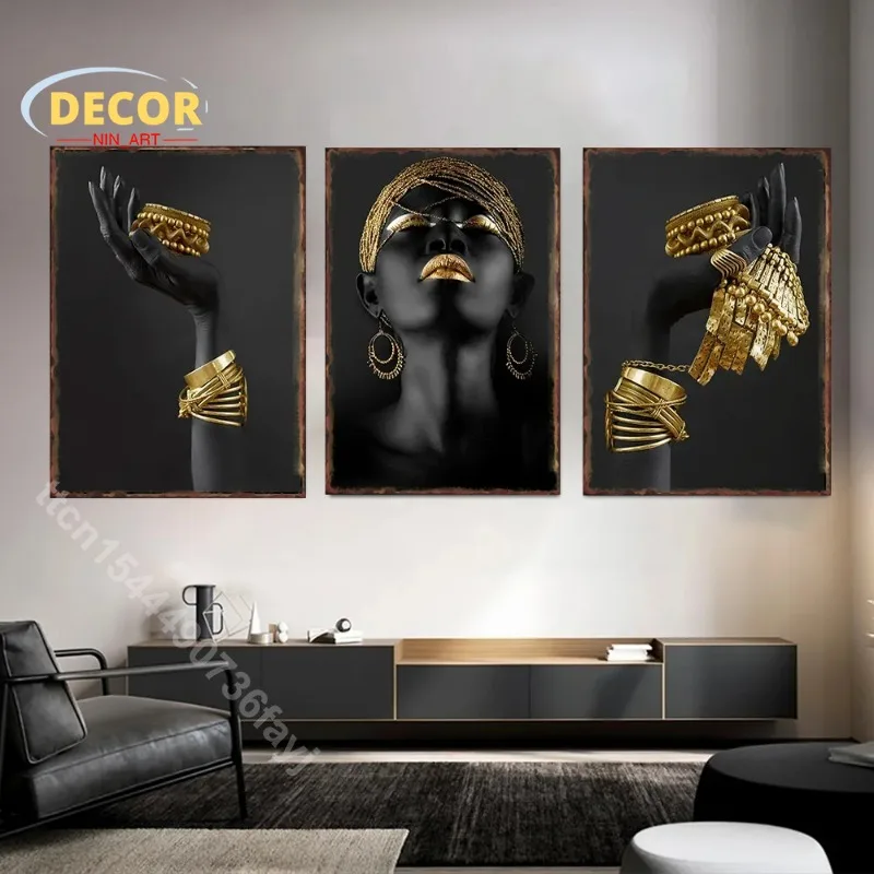 

Gold Color African Women Metal Tin Sign Poster for Silver Portrait Art Painting Iron Plate Scandinavian Wall Living Room Decor
