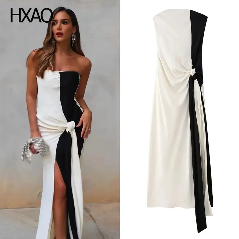 

HXAO Off Shoulder Corset Dress for Women Strapless Long Wrap Skirts Fashion Tie Up Slit Dresses Female Elegant One-Piece Skirt