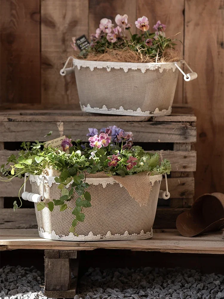

Белый Железный цветочный горшок в стиле ретро, открытый плетеный цветочный горшок из проволоки, Креативный цветочный горшок в американском стиле с двойной ручкой