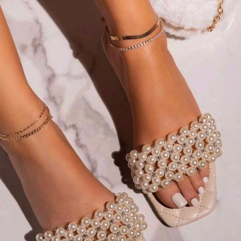 pétalo Salón contar Sandalias planas de perlas para Mujer, chanclas elegantes y dulces, zapatos  de moda de verano, talla 43, 2022| | - AliExpress