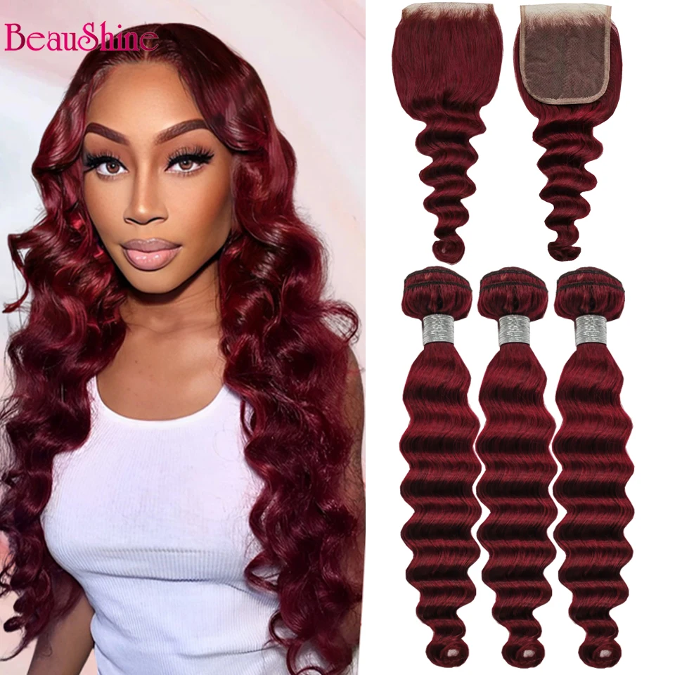 Human Hair Bundles Human Hair Weave Loose Deep Wave Human Hair Bundles with 4x4 Closure 99j Burgundy Colored Bundles with closure Reddish Brown Colored Human Hair
