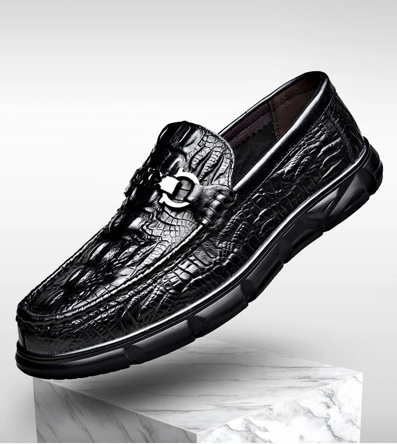 Spring New Shoes for Men Genuine Leather Casual Shoes Crocodile Print Cool Slip-on Loafers Soft Comfortable Flat Skate Shoes 4