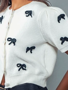 Ladies Fall Sweater Jacket with Half Sleeves Round Neckline Button Closure and 3D Bow Detail Knit Cardigan 1