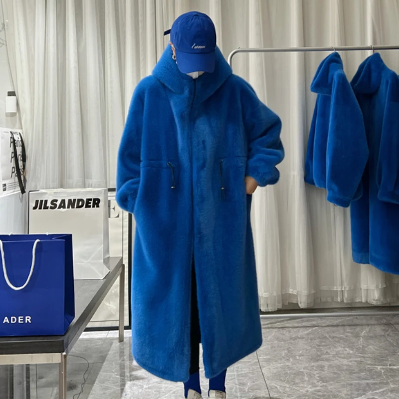 

Winter Long Over The Knee Thicken Warm Women Outcoat Fashion Hooded Faux Fur Coat Loose Casual Korean Style Fashion Outwear