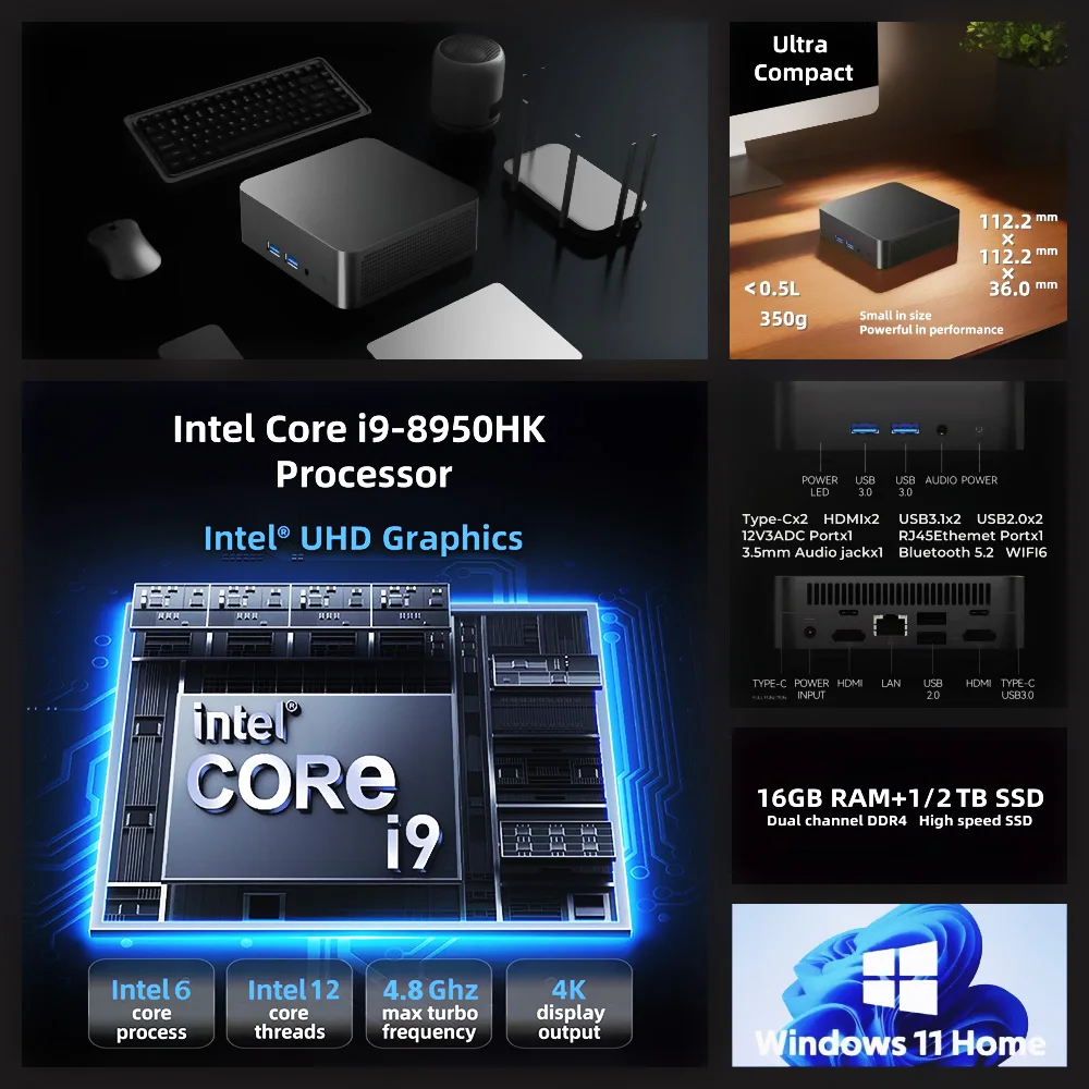 휴대용 미니 데스크탑 PC Windows 11 Intel Core i9 8950HK DDR4 16GB 1TB 2TB SSD 게임용 PC Type-C 4K 60Hz 미니 PC 컴퓨터