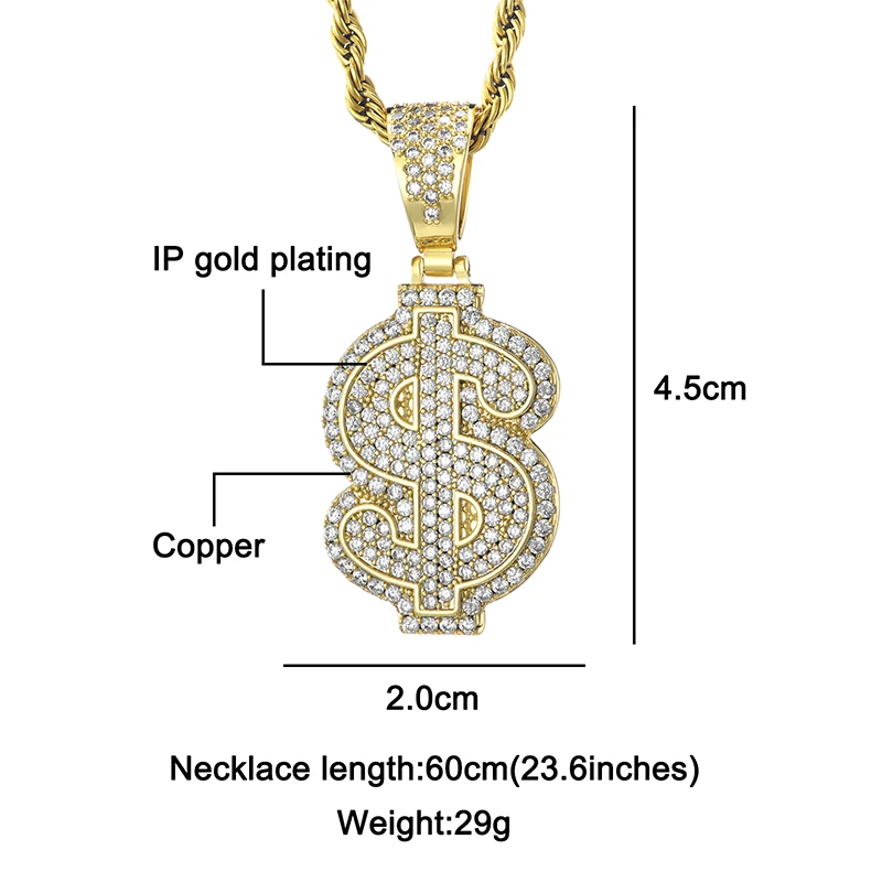 Luxury Dollar Pendant Necklaces Men Hip Hop Jewelry Gold Long Chain Big Necklace Steampunk Cubic Zircon Statement Gift