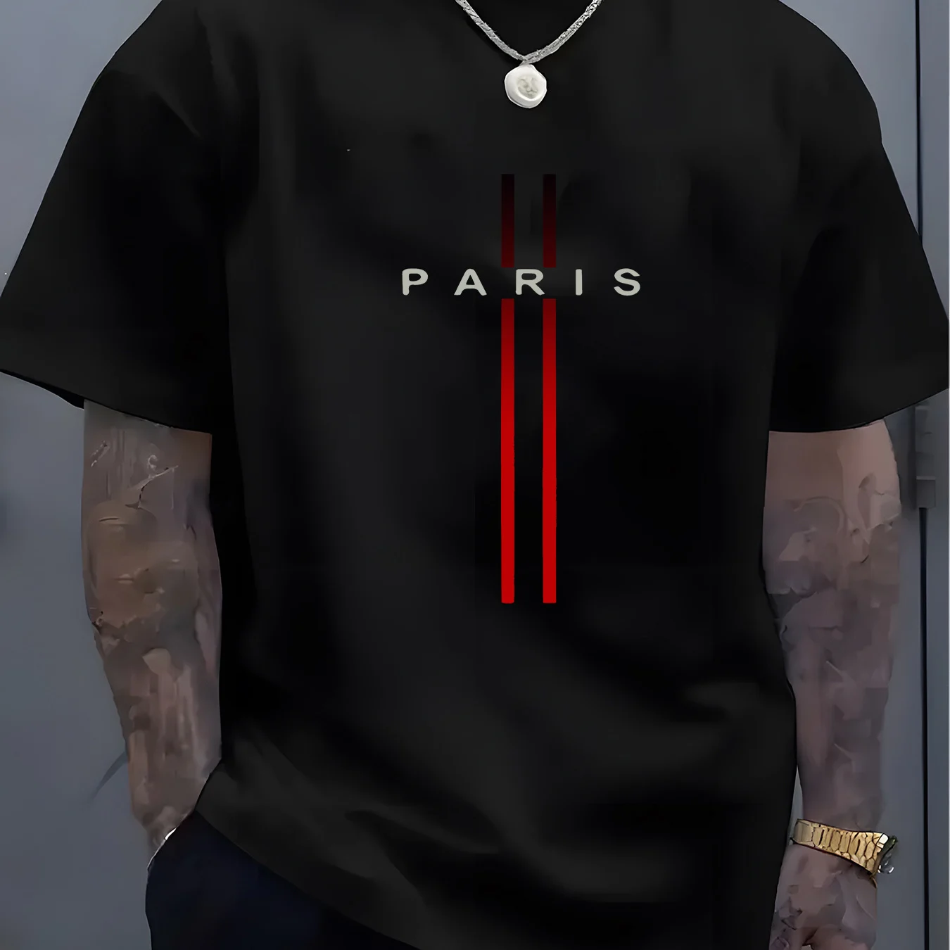 Men T Shirts Summer Pure Cotton Casual Loose Fit Plus Size Paris Letter Pattern Printed Round Neck Short Sleeved Top