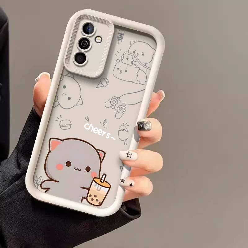 Cartoon Peach Mochi Cat Couple Case - Cute Animal Paired Soft Cover