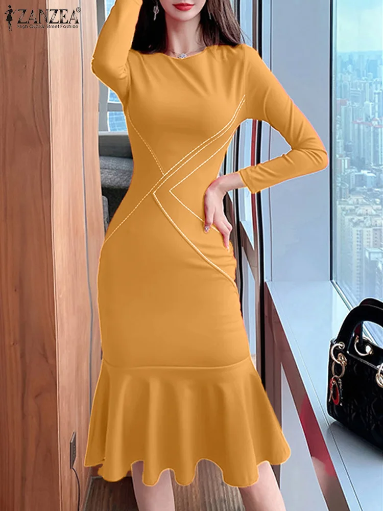 

ZANZEA Vintage Wrap Hips Fishtail Robe Women Mermaid Midi Dress 2023 Autumn Long Sleeve Vestido Casual Solid Slim Long Dresses