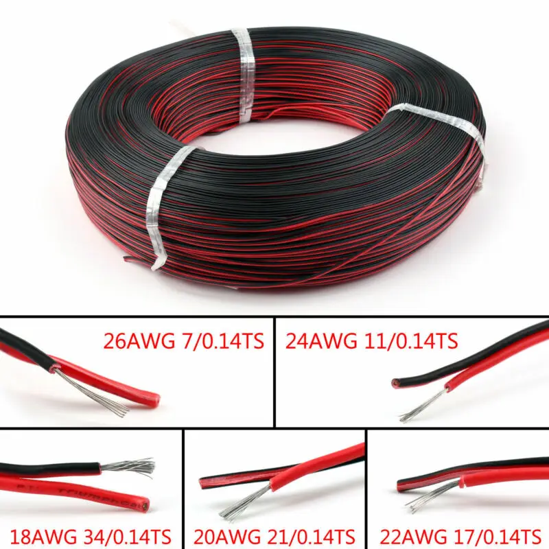 16 18 20 22 24 26 AWG 2Pins Copper Wire  DIY LED Lamp Connector Red & Black Flat Ribbon Cable 300V 80C