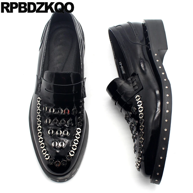 Silver Patent Croc Spikes Studs Lace Up Punk Rock Loafers Sneakers Mens Shoes