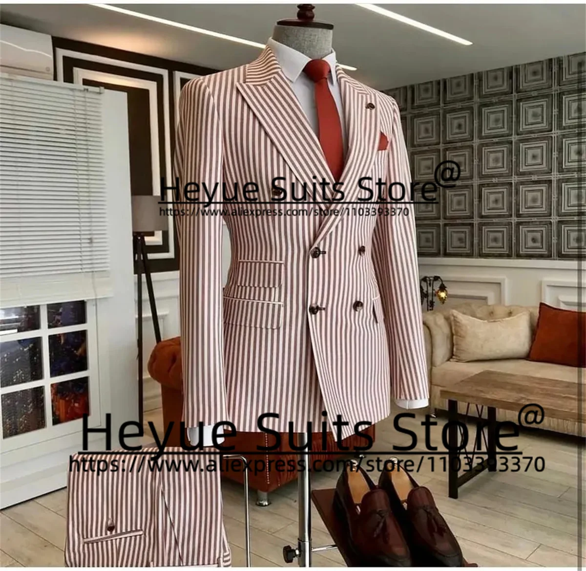 Double-breasted Stripe Elegant Men Suits Slim Fit Peak Lapel Groom Wedding Tuxedos 2 Pcs Sets Business Male Blazer Costume Homme