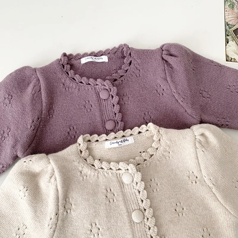 Autumn Winter Baby Girl Purple Knitted Sweater Girls Sweet Cardigan Coats Children's Sweater Outwear Tops Kids Clothing