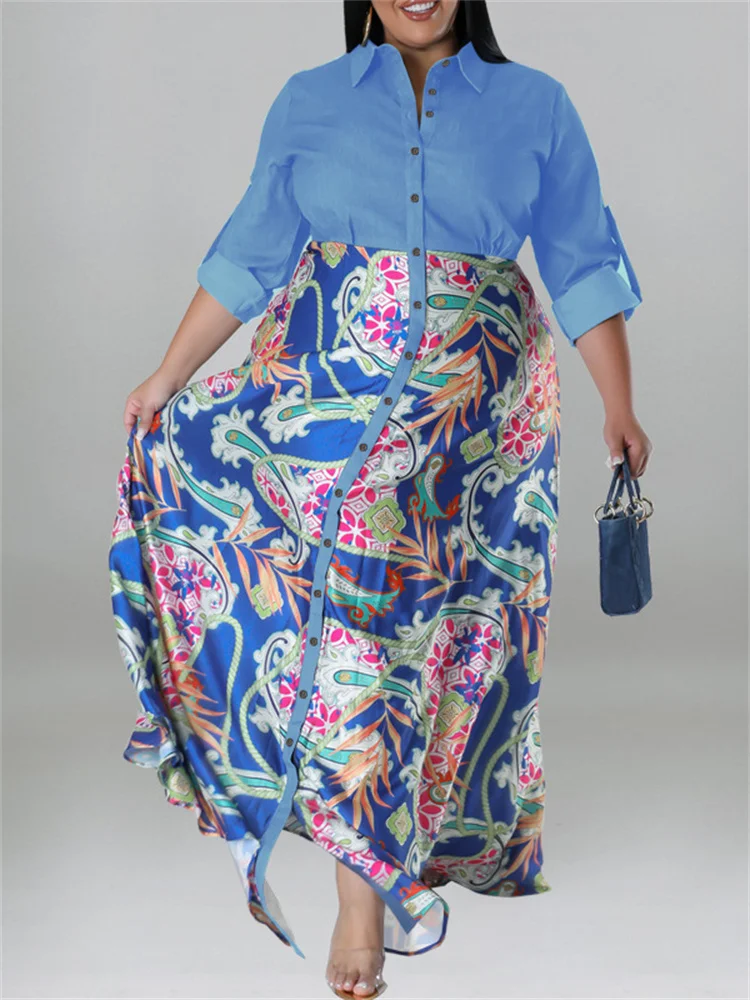 Wmstar Plus Size Women Dress Button Patchwork High Waist  Elegant Long Sleeve New in Fall Maxi Dresses Wholesale Dropshipping