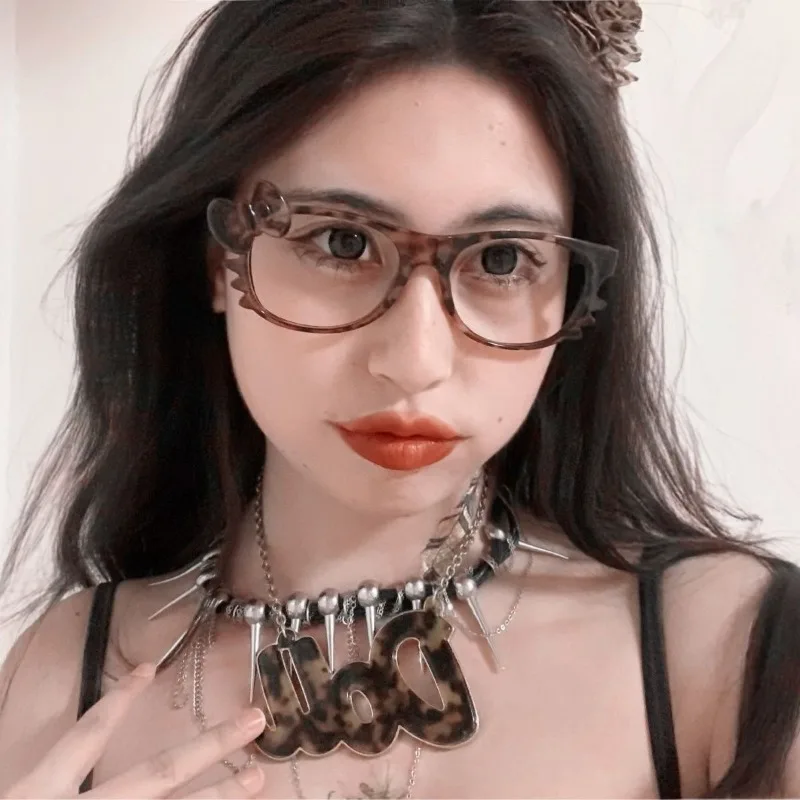 레트로 헬로 키티 레오파드 무늬 안경테, 귀여운 Y2K 핫티 풀 프레임 안경, 소녀 생일 선물, 카와이 소녀 액세서리