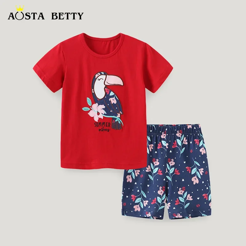 

Модный комплект с коротким рукавом для девочек, летний детский вязаный хлопковый костюм из двух предметов с мультяшной вышивкой