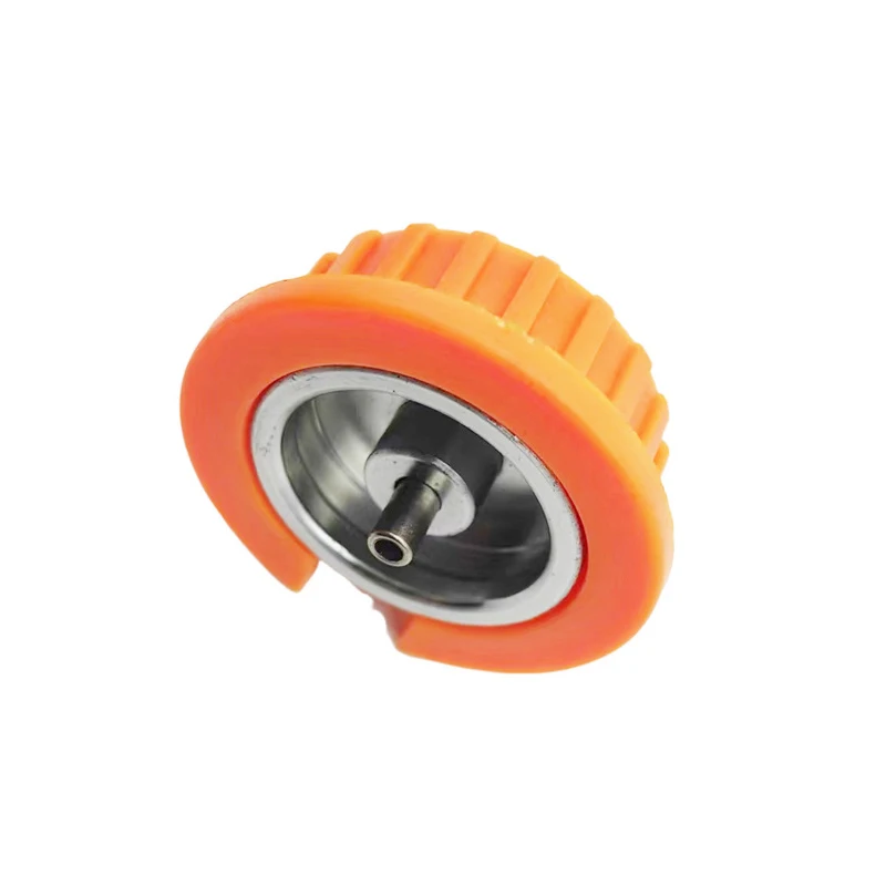 Convertisseur filetage vers baïonnette orange et cuivre pour bouteille de gaz camping, vue de côté