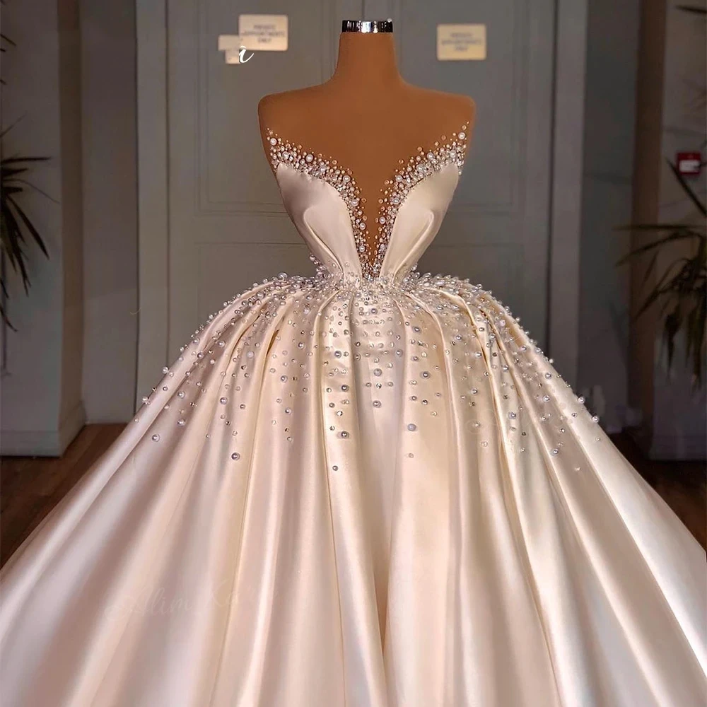 BONITO-vestidos de casamento para mulheres, vestido de cetim, trem tribunal, pérolas, beading, princesa, novo, 2024