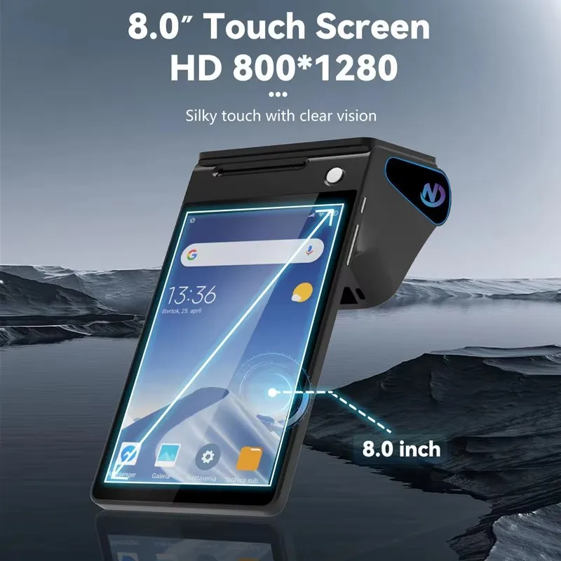 Z108 안드로이드 14 듀얼 스크린 POS 단말기 판매 시점 현금 등록기 (8인치 터치스크린, NFC 스캐너, 58/80mm 감열 프린터 포함)