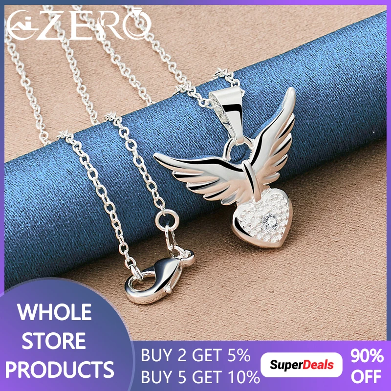

ALIZERO 925 Sterling Silver 16-30 Inch Chain Wings Heart Zircon Pendant Necklace For Women Wedding Fashion Party Charms Jewelry