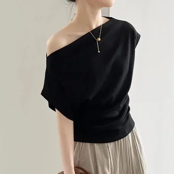 French Sexy Off Shoulder T Shirt Women Summer Fashion Slash Collar Asymmetrical Black Tees Korean Chic Pleated Casual Female Top 1