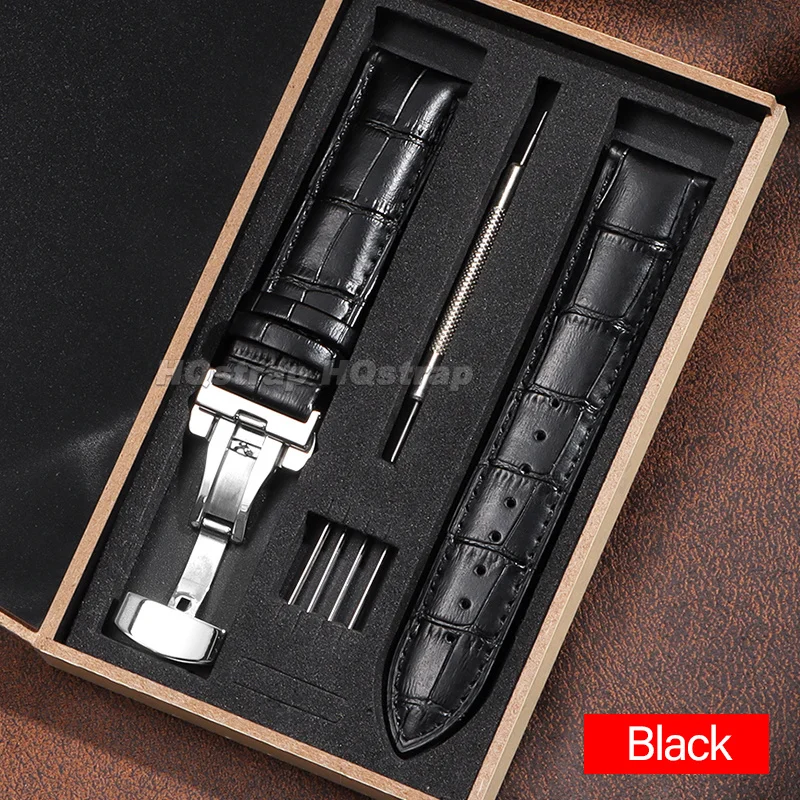 Luxury Leather Watch Strap Set with Butterfly Buckle and Installation Tools in Wooden Box