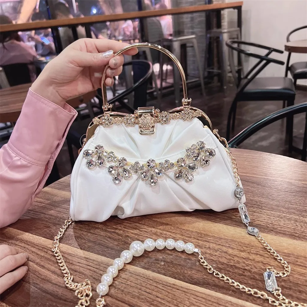 

Spring and Summer Rhinestone Pleated One Shoulder Cross Shoulder Pearl Chain Bag Evening Dress Versatile Handheld Women's Bag