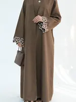 Chic Coffee Color Outer Piece Abaya Geometric Cuff Embroidery Ideal Modern Muslim Women Suitable for Daily/Semi formal Occasion