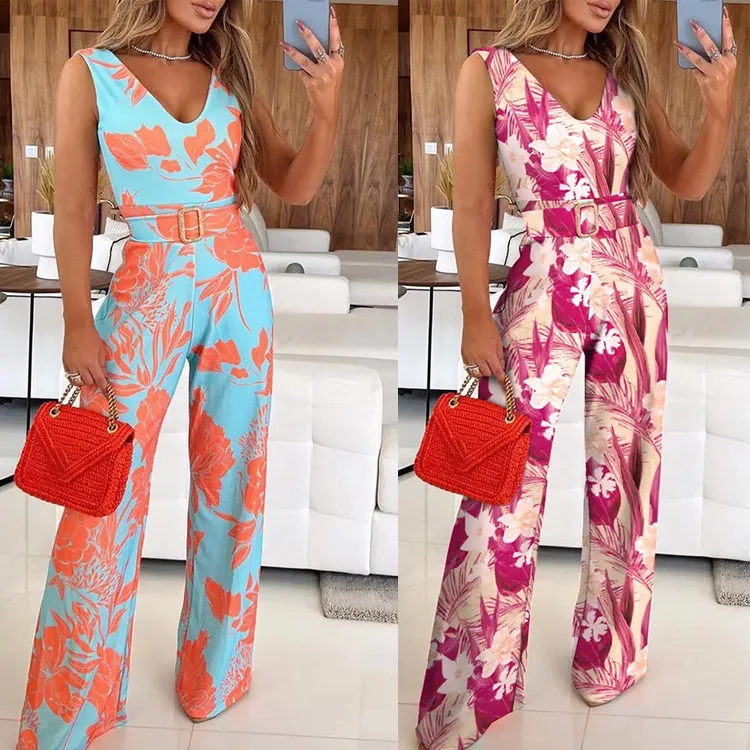 

2023 New Summer Women's Elegant Women's Jumpsuit, Printed V-neck Sleeveless Slim Sexy Jumpsuit Women