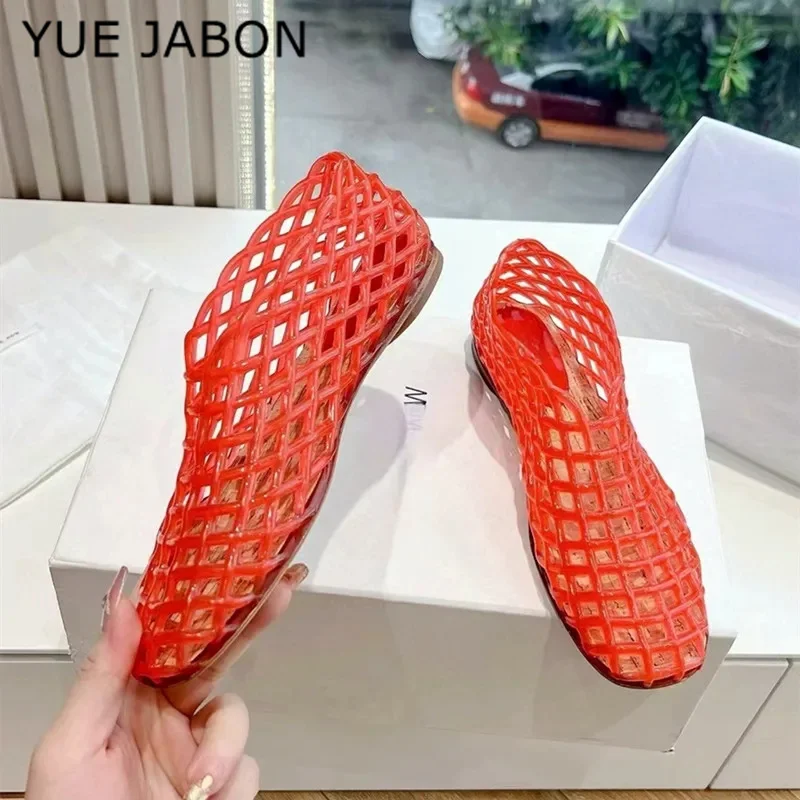 New Summer Plastic Jellies Single Shoes Women Woven Mesh Ballet Flats Sandals Round Toe Transparent Hollow Design Beach Shoes women sandals women flats comfortable sandals
