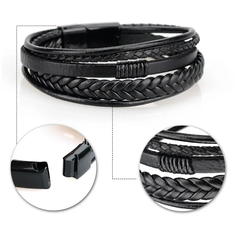 Leather Bracelet Men Genuine Multilayer Braided Rope