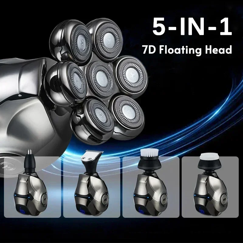 5-IN-1 남성용 충전식 대머리 전기 면도기 7D 플로팅 블레이드 헤드 수염 코 귀 헤어 트리머 면도기 클리퍼 페이셜 브러쉬