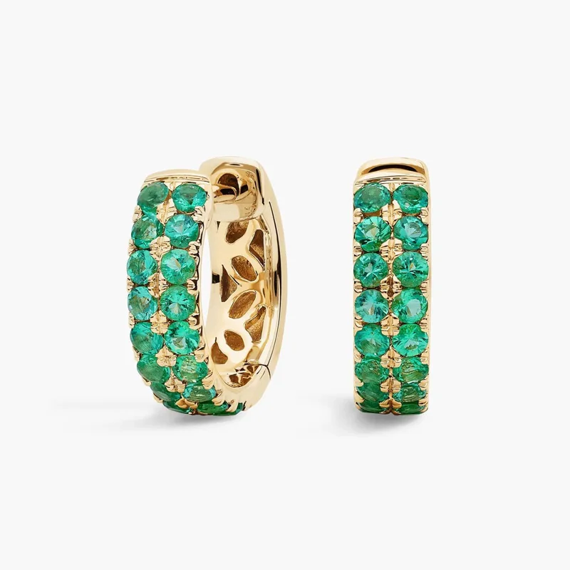 Doppelreihige Smaragd-Ohrringe, runde Labor-Smaragd-Ohrringe, 9K/14K/18K Gelbgold, im Labor gezüchtete Smaragd-Ohrringe, edles Geschenk für Frauen – Detail 2