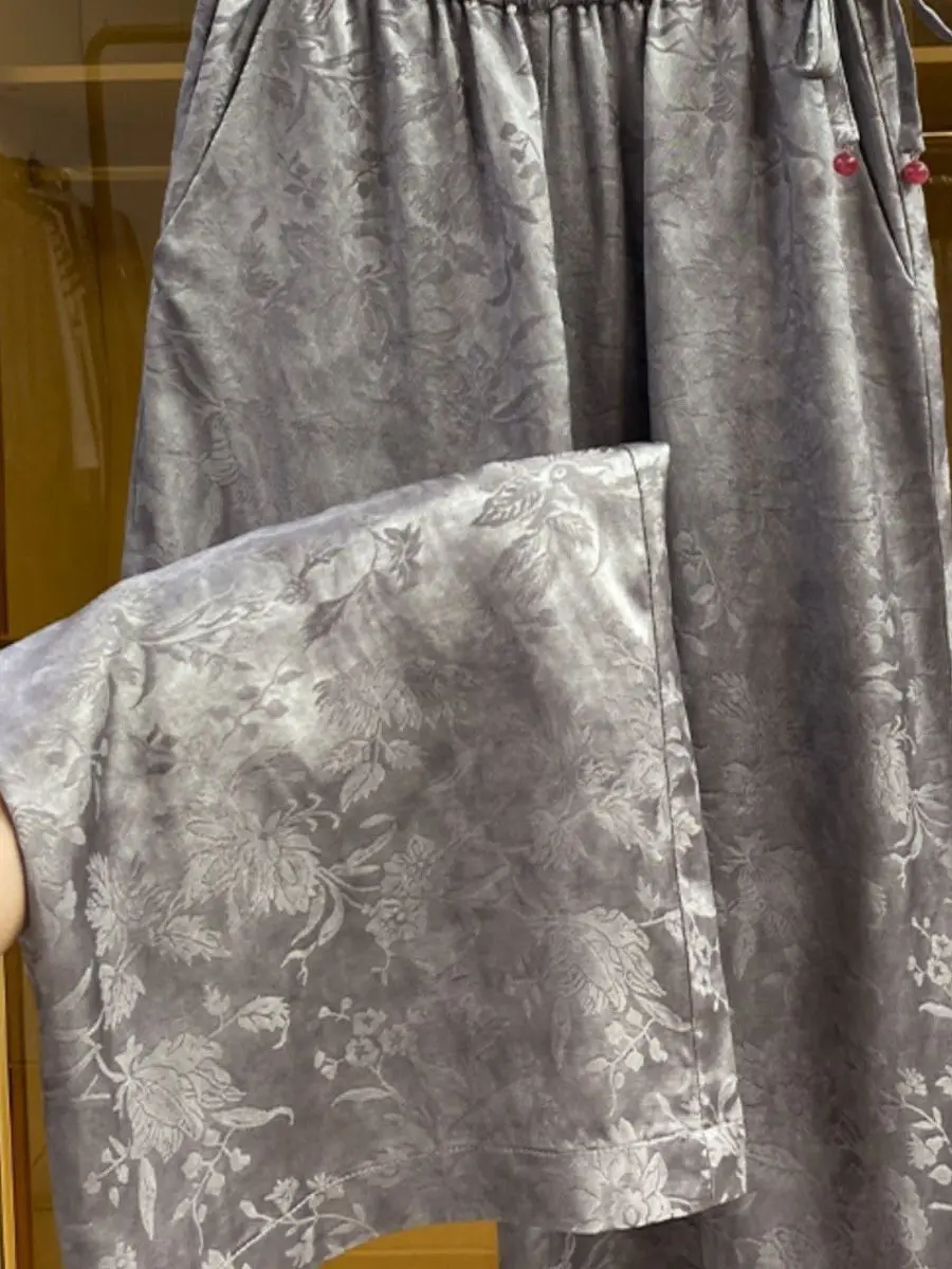 High Quali Chinese Sle Wide Leg Pants Women's Loose Elastic Waist Dra Feel Embroidery Detailing Casual Trousers