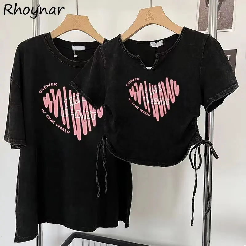 

Black Print T-shirts Women Distressed Summer Short-sleeve Hip Hop Ulzzang Retro Shirring Design Boyfriend Chic Streetwear Unisex