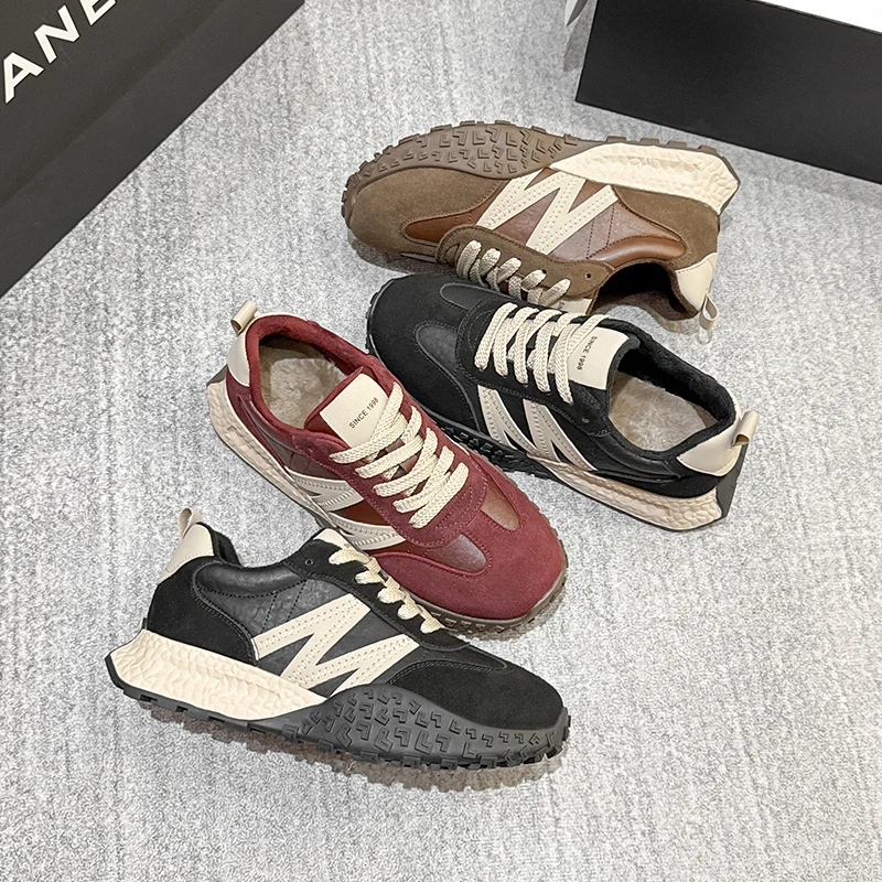 AUTUSPIN Winter Retro Vulcanized Shoes Women Suede Leather Lightweight Sneakers Leisure Outdoor Thick Soled Female Warm Shoes 2