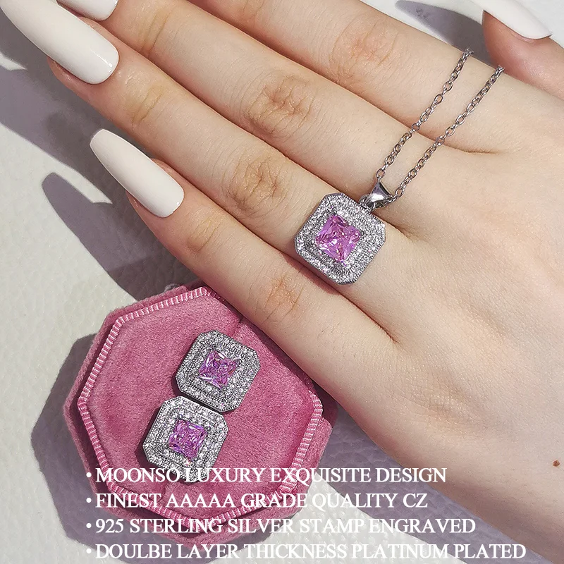 Pink Silver Color India Dubai Jewelry Set Princess Cut Zircon Stud Earrings and Necklace Pendant Wedding Gifts J1400