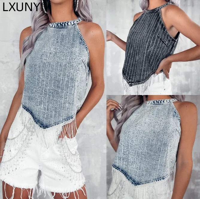 

LXUNYI Denim Vest Women 2023 Sleeveless Heavy Rhinestone Diamond Tassels Tops Summer Retro Hotsweet Distress Short Halter Top