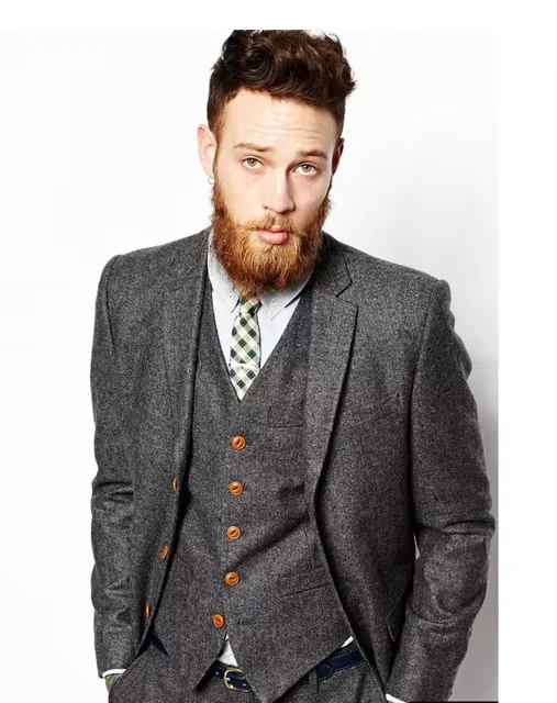 Abito da uomo in tweed a spina di pesce grigio Vintage Autunno Inverno Smoking da sposo Ternos Abiti da sposa formali per uomo Abito classico da uomo in 3 pezzi 4