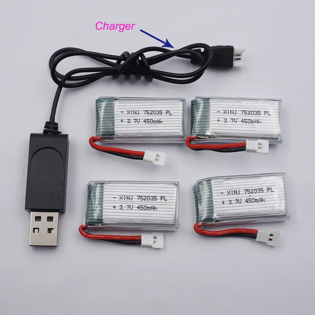 

XINJ Charger+ 4PCS 3.7V 450 mAh 25C Rechargeable Polymer Lipo Li Battery 752035 XH2.54 For DFD F182 F183 H8C RC Quadcopter Drone