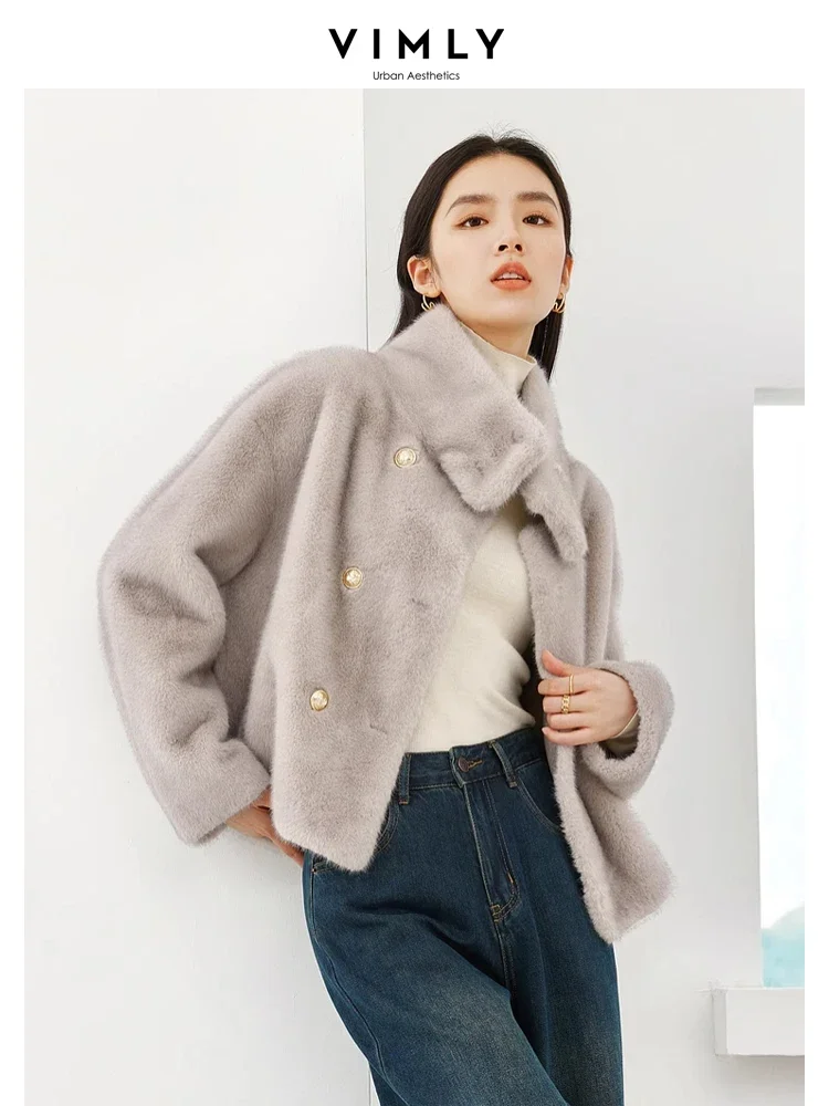Vimly Gray Cropped Faux Fur Coat 2023 Winter Warm Stand Collar Fluffy Jacket Elegant Long Sleeve Overcoats Female Clothes 50761