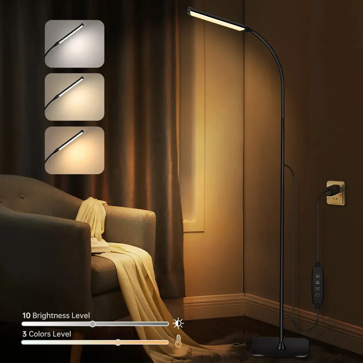 120LED Floor Lamp Reading Lamps with 3 Color Mode 10 Brightness Dimmable Desk Light with Flexible Gooseneck for Living Room Bedr