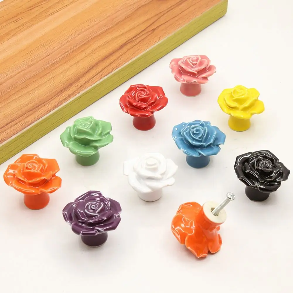 Single Hole Rose Flower Door Handle Rose Shape No- punching Ceramic Cabinet Knobs Colored Ceramic Drawer Knobs Kids Using