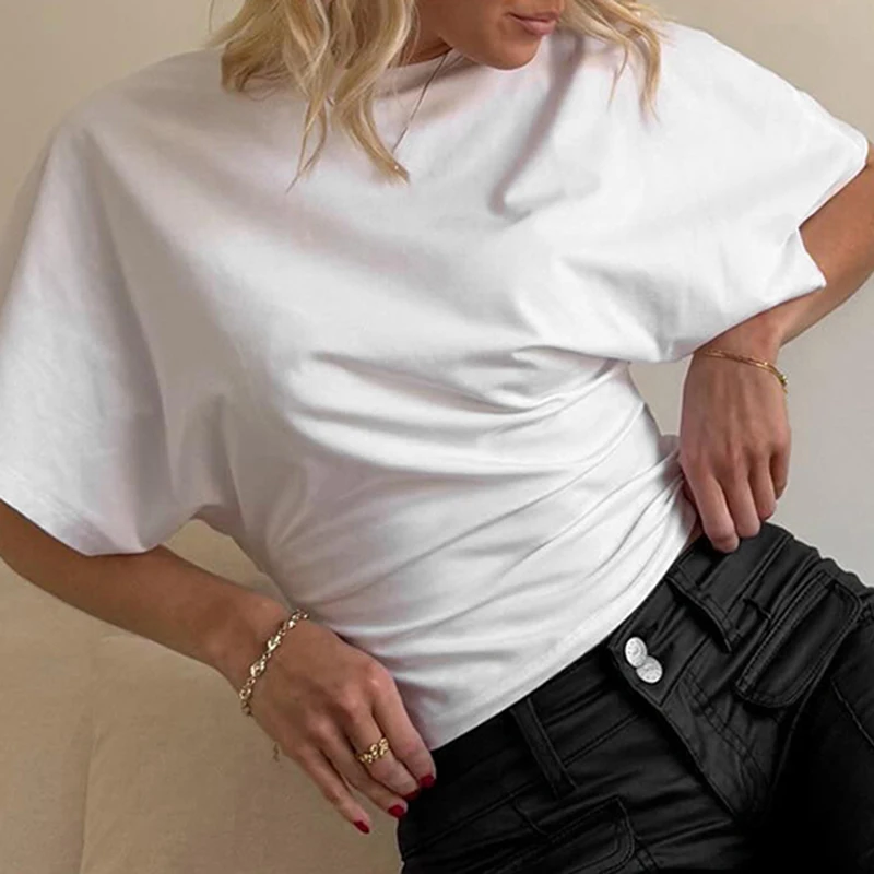SUCHCUTE Solid Cotton O-Neck Pullover Waist Short Top Women Short-Sleeved Loose T-shirt Causal All-Match Shirts Summer Basic New