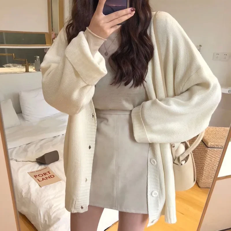 Fashion Autumn and Winter New Women's Cardigan Long-sleeved Loose Sweater Retro Solid Color Knitwear Single-breasted Jacket