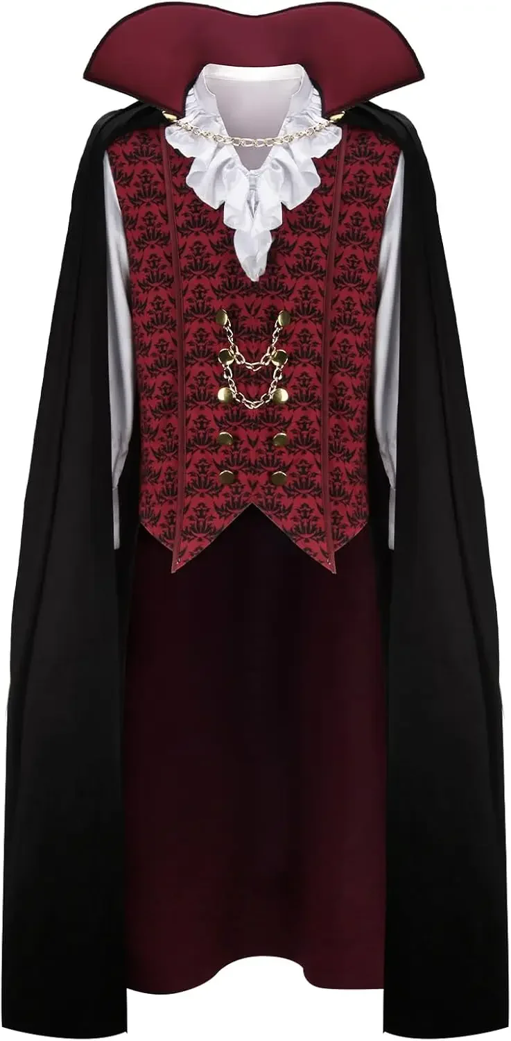 Adult Men Devil Vampire Costume Shirt Cloak Outfit Medieval Renaissance Victorian Gothic Halloween Cosplay Long Cape